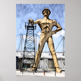 Tulsas Golden Driller-staty-vattenfärgsmålning Poster