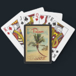 Tulum Handflatan Träd Vintage resor Casinokort<br><div class="desc">En unik retro-medelhundradets moderna Tulum Mexico-konstverk i vintage resor poster stil. Den har en böjd handflatan träd på sandstranden med hav under ett blått grumligt himlar.</div>
