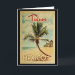Tulum Handflatan Träd Vintage resor Kort<br><div class="desc">En unik retro-medelhundradets moderna Tulum Mexico-konstverk i vintage resor poster stil. Den har en böjd handflatan träd på sandstranden med hav under ett blått grumligt himlar.</div>