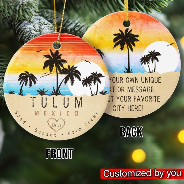 Tulum Mexico Retro Sunset Handflatan träd Souvenir Julgransprydnad Keramik (Skapare uppladdad)