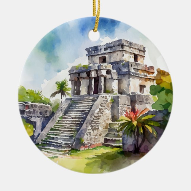 Tulum Mexico Watercolor Julgransprydnad Keramik (Framsidan)
