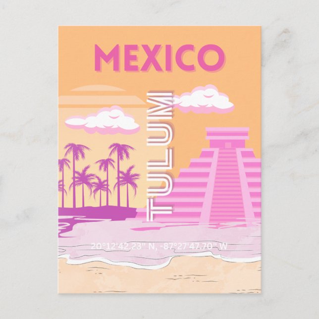 Tulum, Travel Art, Retro Art, Rosa, Orange Helg Vykort (Framsida)