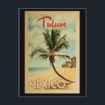 Tulum-vykort Handflatan Träd Vintage resor Vykort<br><div class="desc">En unik retro-medelhundradets moderna Tulum Mexico-konstverk i vintage resor poster stil. Den har en böjd handflatan träd på sandstranden med hav under ett blått grumligt himlar.</div>