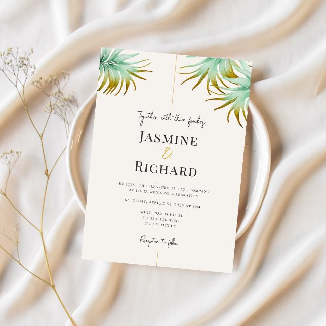 Tulum Watercolor Tropical Gold Palm Destination Inbjudningar (Skapare uppladdad)