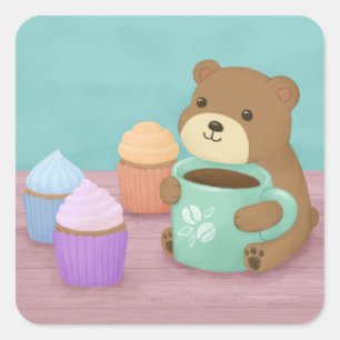 Tum björn, kaffe och Muffinsar Illustration Art Fyrkantigt Klistermärke