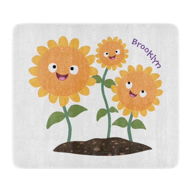 Tum lycklig solblommor med leende tecknad illustra (Framsidan)