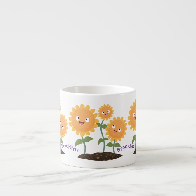 Tum lycklig solblommor med leende tecknad illustra espressomugg (Framsidan)