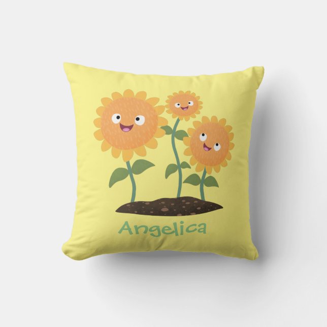 Tum lycklig solblommor med leende tecknad illustra kudde (Framsida)