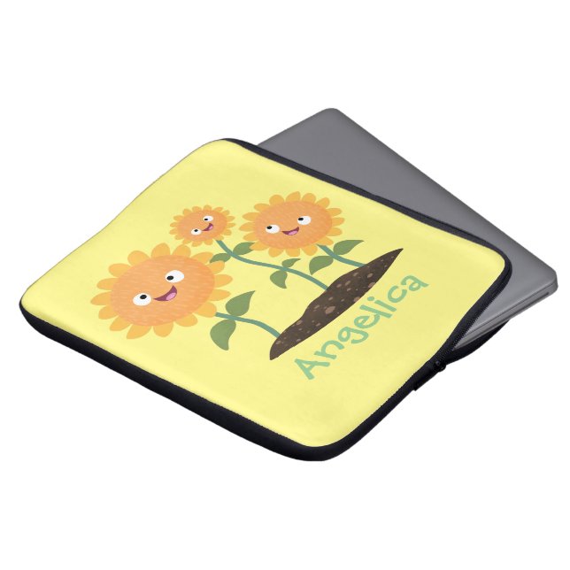 Tum lycklig solblommor med leende tecknad illustra laptop fodral (Framsida topp)