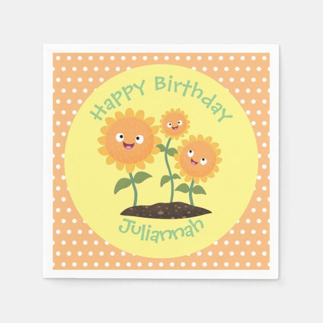 Tum lycklig solblommor med leende tecknad illustra pappersservett (Framsidan)
