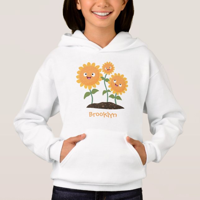 Tum lycklig solblommor med leende tecknad illustra t shirt (Framsida)