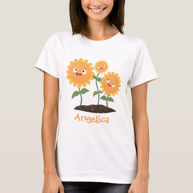 Tum lycklig solblommor med leende tecknad illustra t shirt (Framsida)