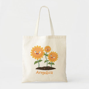 Tum lycklig solblommor med leende tecknad illustra tygkasse