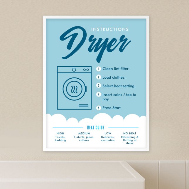 Tumble Dryer Instruktioner Tvättstuga Skylt Poster (Fully editable blue and white tumble dryer instructions poster template)