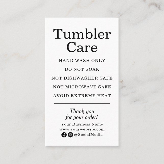 Tumbler Care Instructions Modern Black and White Visitkort (Framsida)