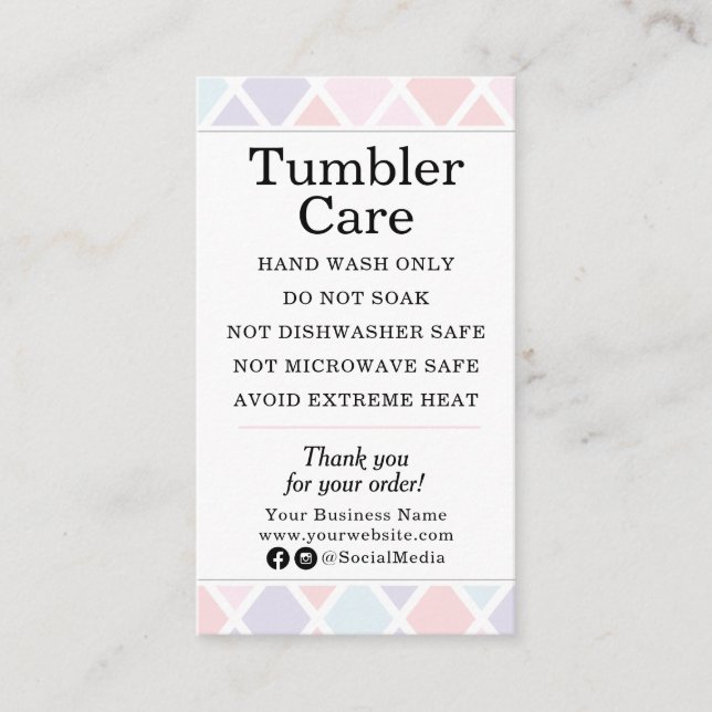 Tumbler Care Instructions Modern Pastel Diamond Visitkort (Framsida)