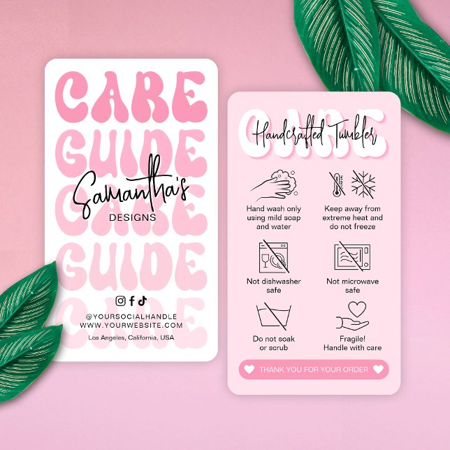 Tumbler Care Instructions Trendig Girly Retro Rosa Visitkort (Trendy pink tumbler and cups care instructions cards with icons, groovy fonts and your brand info)