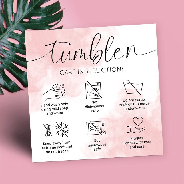 Tumbler Care Instruktioner för kvinnlig Rosa Vatte Fyrkantigt Visitkort (Tumbler washing and care instructions cards with icons and feminine pink watercolor background)