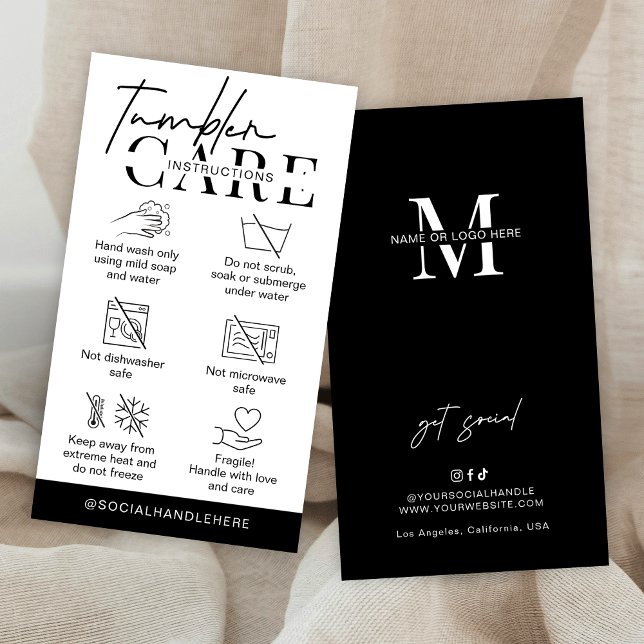 Tumbler Cup Care Instructions Minimalist Logo Visitkort (Minimalist tumbler & cups care cards with icons - you can edit all colors and add your brand info)