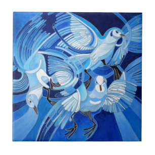 Tumbler Pigeons in Cerulean Blue Kakelplatta