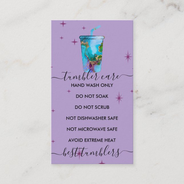 Tumbler skötsel lila visitkort (Framsida)