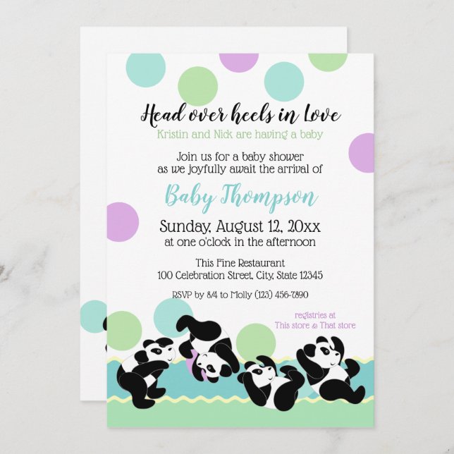 Tumbling Pandas Baby Shower Inbjudningar (Fram/baksida)