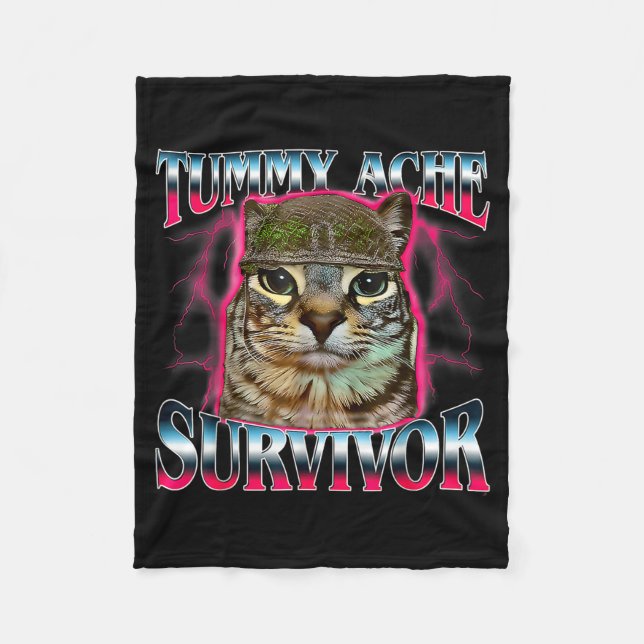 Tummy Ache Survivor Cat Meme Funny Saying Cats Ani Fleecefilt (Framsidan)