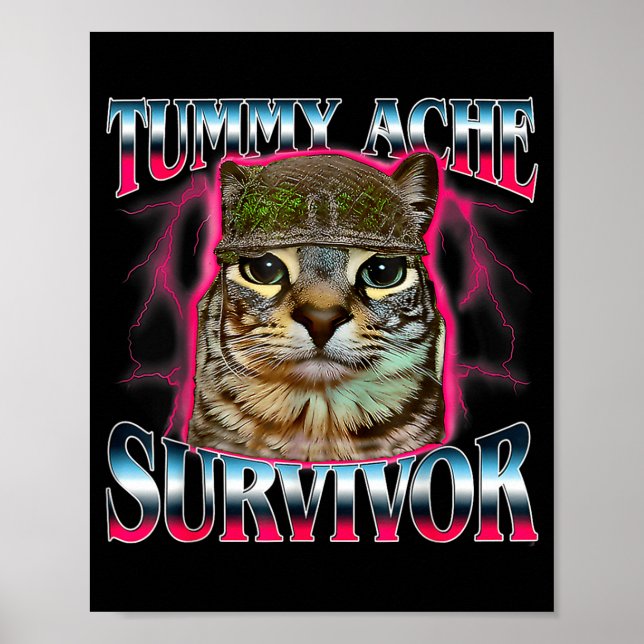 Tummy Ache Survivor Cat Meme Funny Saying Cats Ani Poster (Framsidan)