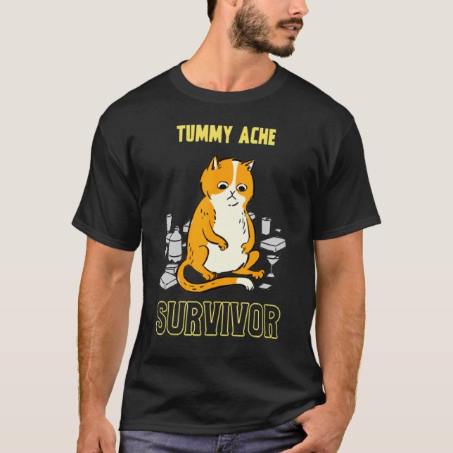 Tummy Ache Survivor Thinking Cat T Shirt (Framsida)