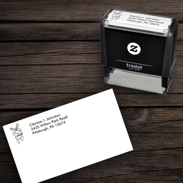 Tumpar upp kanin Teckning Big Nose Bow Tie Självfärgande Stämpel (Cute bunny rabbit drawing giving thumbs up wearing bow tie on self inking return address stamp.)