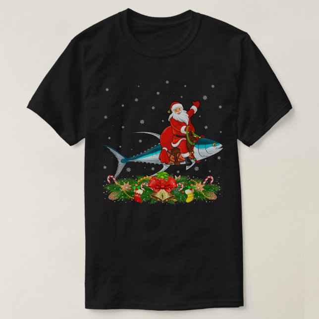 Tuna Fish Älskare Julafton Funny Santa Riding Tuna T Shirt (Design framsida)