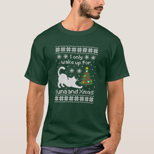 Tuna & Xmas – Pixel Cat Ugly Christmas  T Shirt (Framsida)
