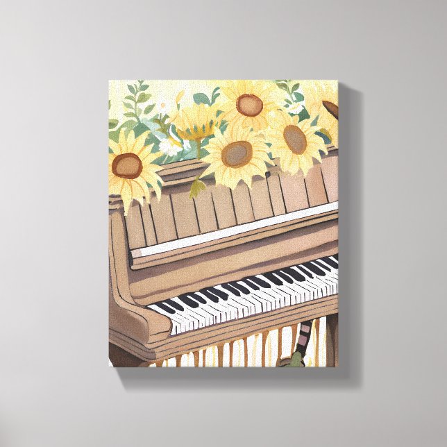 Tune in Bloom | Solros Floral Vattenfärgspiano Canvastryck (Framsida)