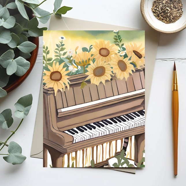 Tune in Bloom | Solros Floral Vattenfärgspiano Vykort (Skapare uppladdad)