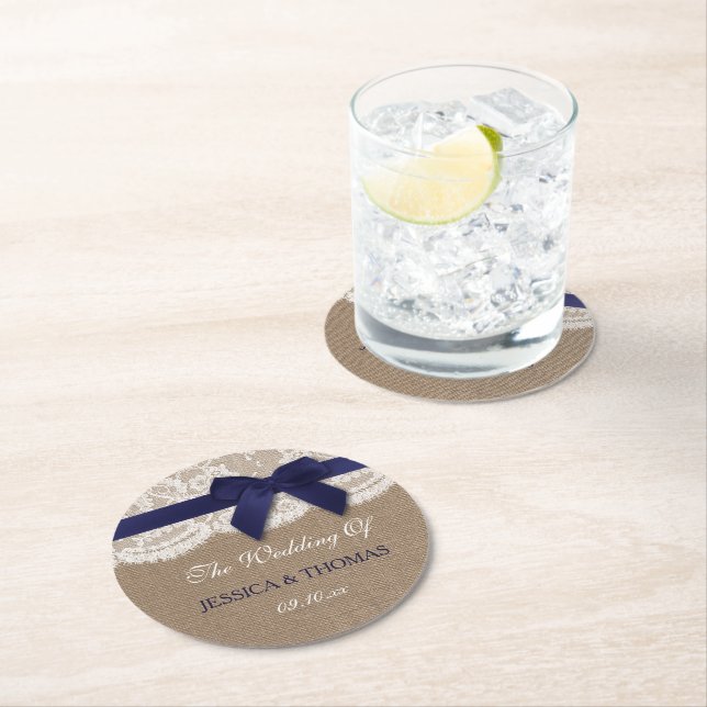 Tunga band på Burlap & Snöre Bröllop Underlägg Papper Rund (Insitu)