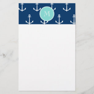 Tunga blå ankare Mönster, Mint Grönt Monogr Brevpapper