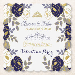 Tunga blå Blommigt Quinceanera Spanska Spara datum Underlägg Papper