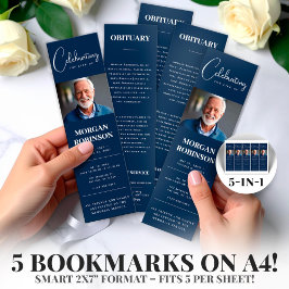 Tunga blå foto 2 x 7-tums DIY Funeral Bookmark-mal