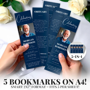 Tunga blå foto 2 x 7-tums DIY Funeral Bookmark-mal