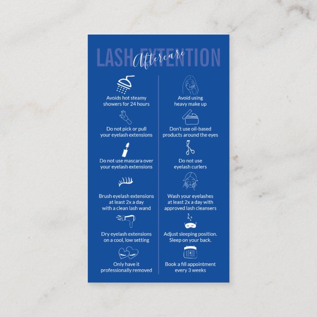 Tunga blå ikon Makeup Lash Extension Eftervård Visitkort (Baksida)