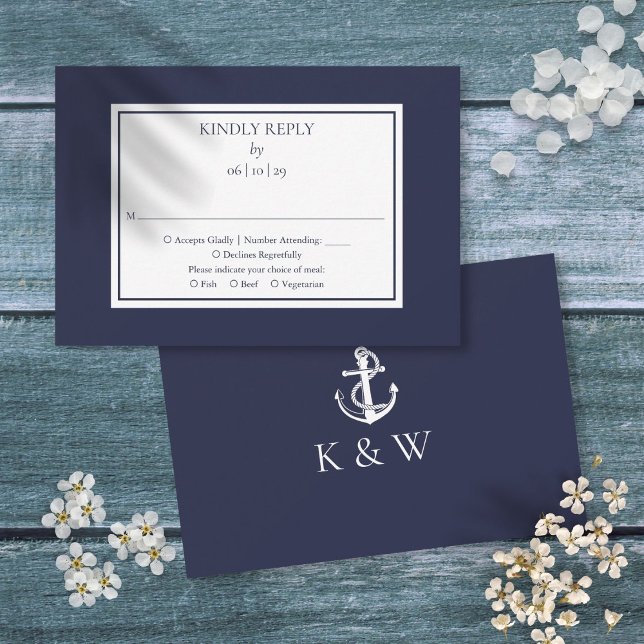 Tunga blå monogram Anchor Nautical Bröllop OSA Kort (Navy Blue Monogram Anchor Nautical Wedding RSVP Card)