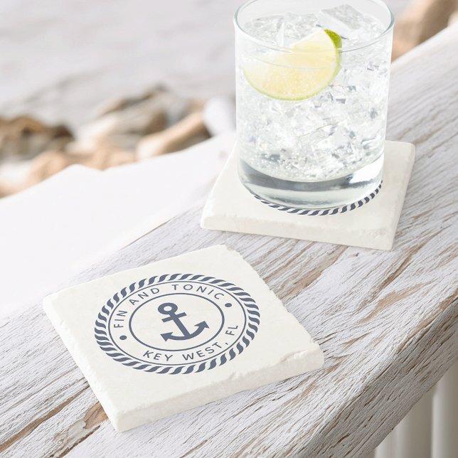 Tunga blå nautisk Rope & Anchor Boat Namn Stenunderlägg (Skapare uppladdad)