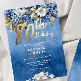 Tunga Blå och Guld Blommigt Ro 80:e födelsedagen Inbjudningar