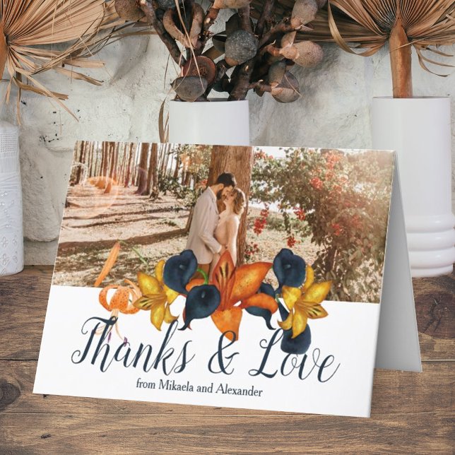 Tunga blå Orange Tiger Lily Bröllop - Tack för dit (Fall orange gold navy blue tiger lilies calla lilies wedding thank you card elegant script )