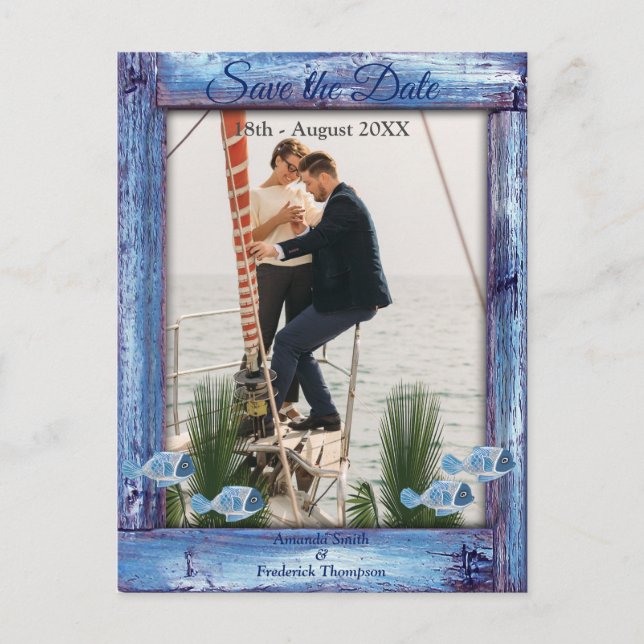 Tunga - Blåtexturerat trä och Sparat datumet fisk Meddelande Vykort (Framsida)