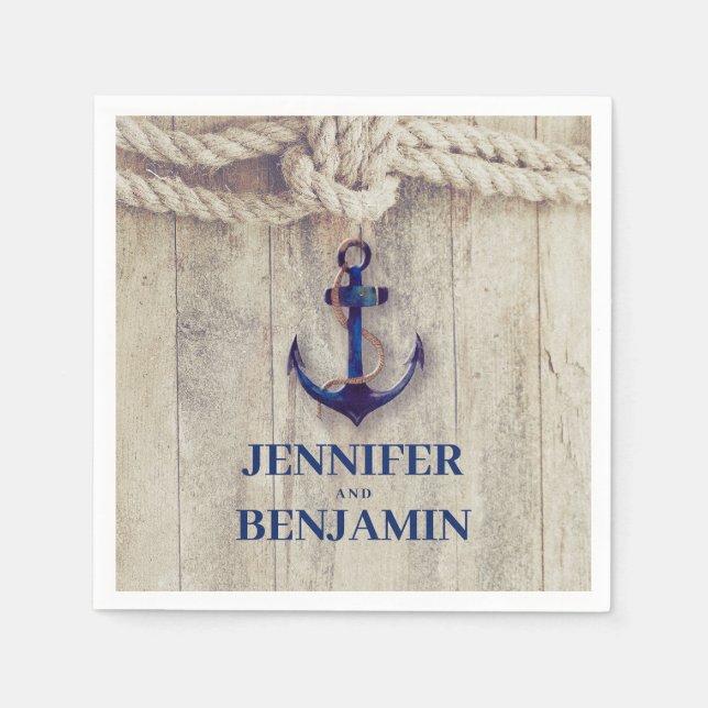 Tunga Blue Anchor Rustic Driftwood Nautical Bröllo Pappersservett (Framsidan)