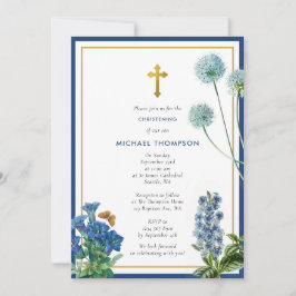 Tunga Blue Botanical & Guld Baptism Christening Bo Inbjudningar