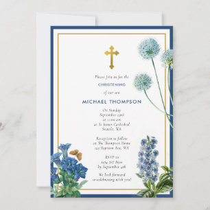 Tunga Blue Botanical & Guld Baptism Christening Bo Inbjudningar