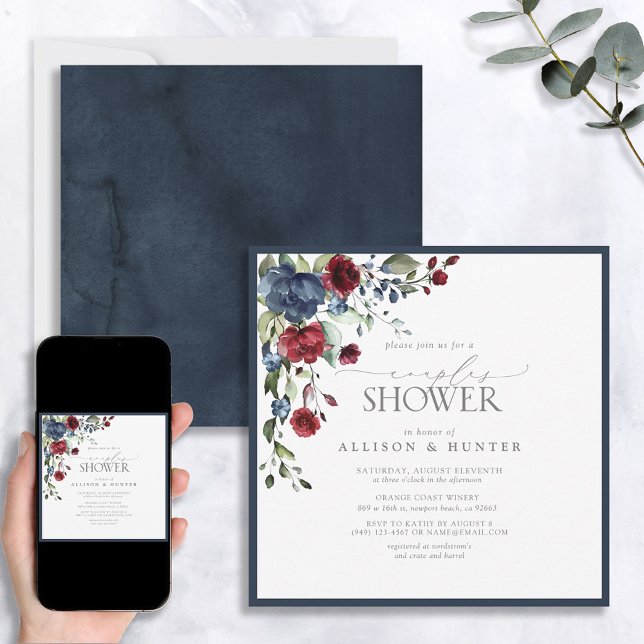 Tunga Blue Burgundy Botanical Par Shower Inbjudningar (Skapare uppladdad)