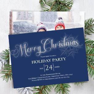 Tunga Blue Calligraphy Script Merry Julfest Inbjudningar